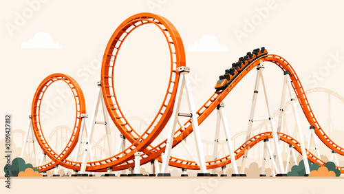 Thrilling orange roller coaster with loops and a train full of riders