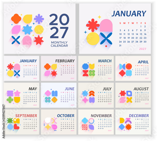 Ready-made 2027 calendar design. A vibrant calendar template featuring abstract shapes.