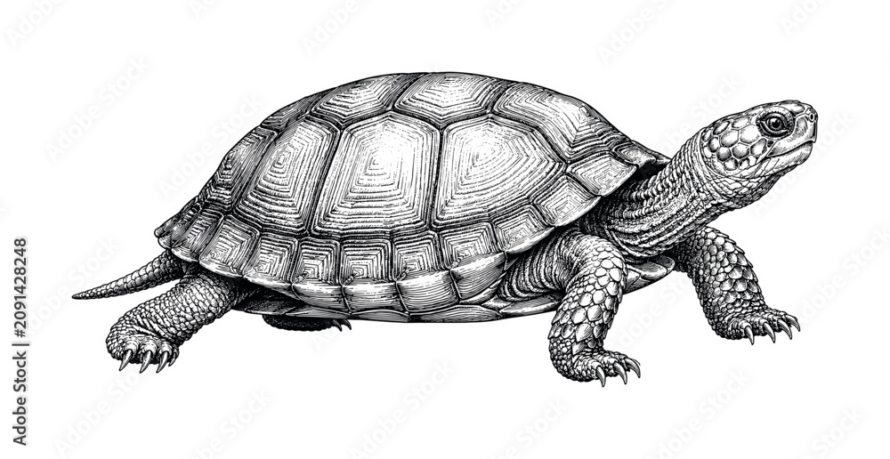Fototapeta premium Detailed black and white illustration of a tortoise walking on a white background