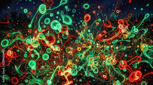 Glowing particles forming intricate streams and spherical clusters across dark expanse emanating radiance and pattern.