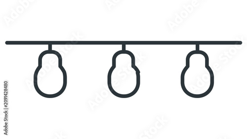 Clean flat vector line icon showing festive string lights, useful for wedding stationery, holiday banners, garden parties, and event websites.