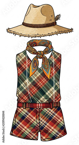 Summer Country Style Outfit with Plaid Pattern and Neck Scarf