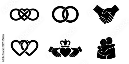 Relationship and love icons set, black wedding and partnership vector symbols, infinity heart and claddagh ring graphic elements