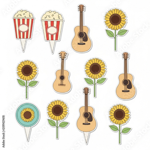 Musical and Botanical Sticker Collection with Guitars and Flowers