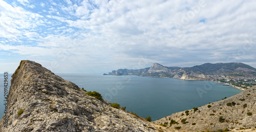 Canvas Print Panorama of Sudak bay from headland of Alchak cape, Crimea.