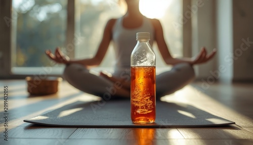 There is a woman sitting on a yoga mat in front of a bottle of water