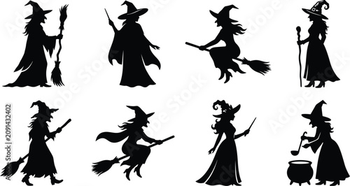 Schilderij op canvas Diverse Halloween Witch Silhouettes with Brooms and Cauldrons