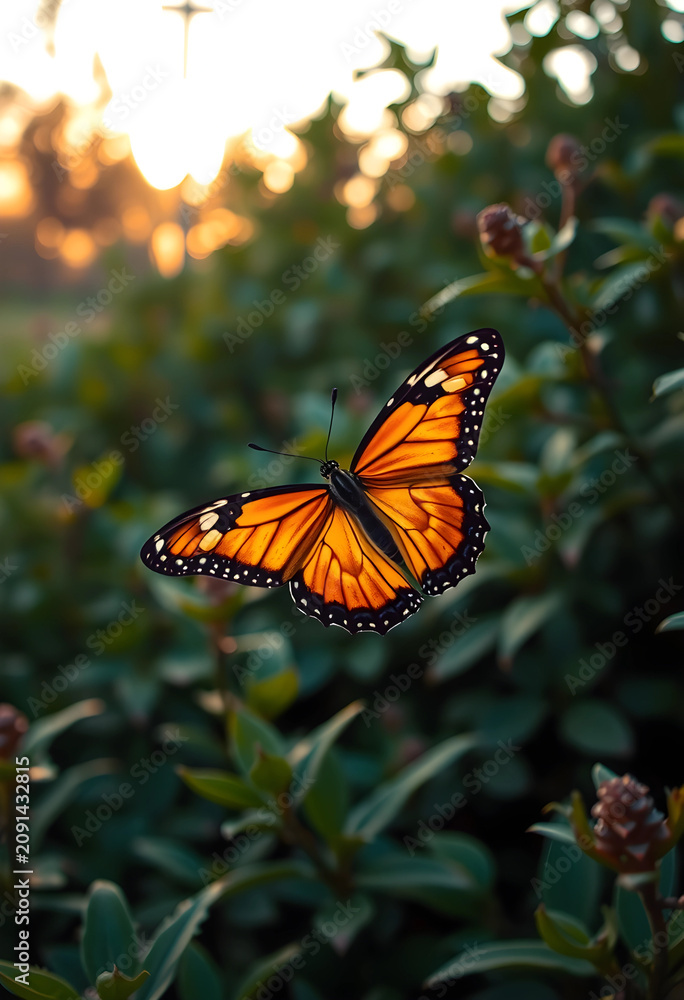 Fototapeta premium monarch butterfly flying over green foliage at golden hour