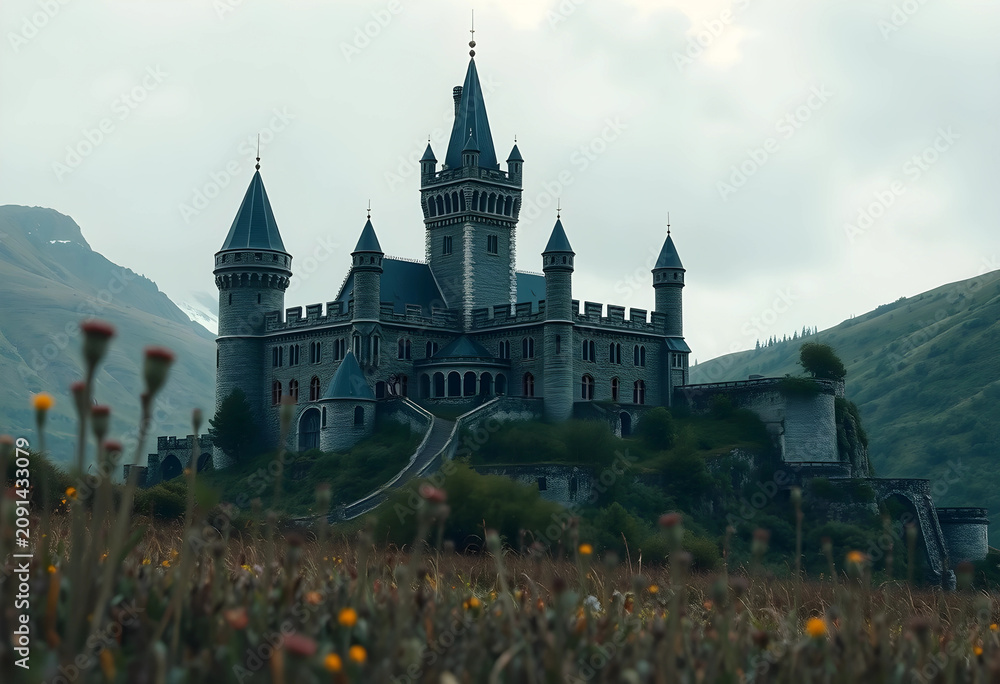 Obraz premium Majestic ancient stone castle on hill with wildflowers