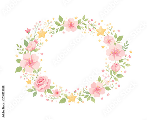 Floral wreath with stars leaves and delicate pink decorative elements, wreath, floral, stars, leaves, pink, flowers, circle,