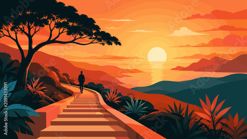 Warm sunset landscape with stairway, person silhouette, trees, and abstract tropical shapes, sunset, stairway, person, silhouette,