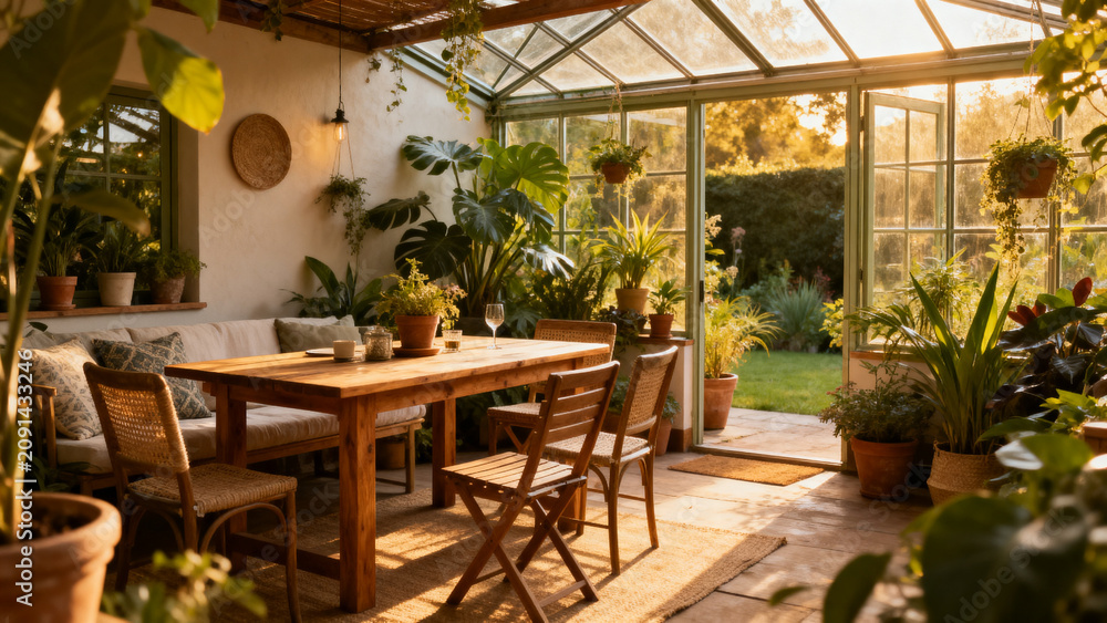Fototapeta premium Stylish outdoor greenhouse with indoor seating area, cozy garden retreat for relaxation and conversation