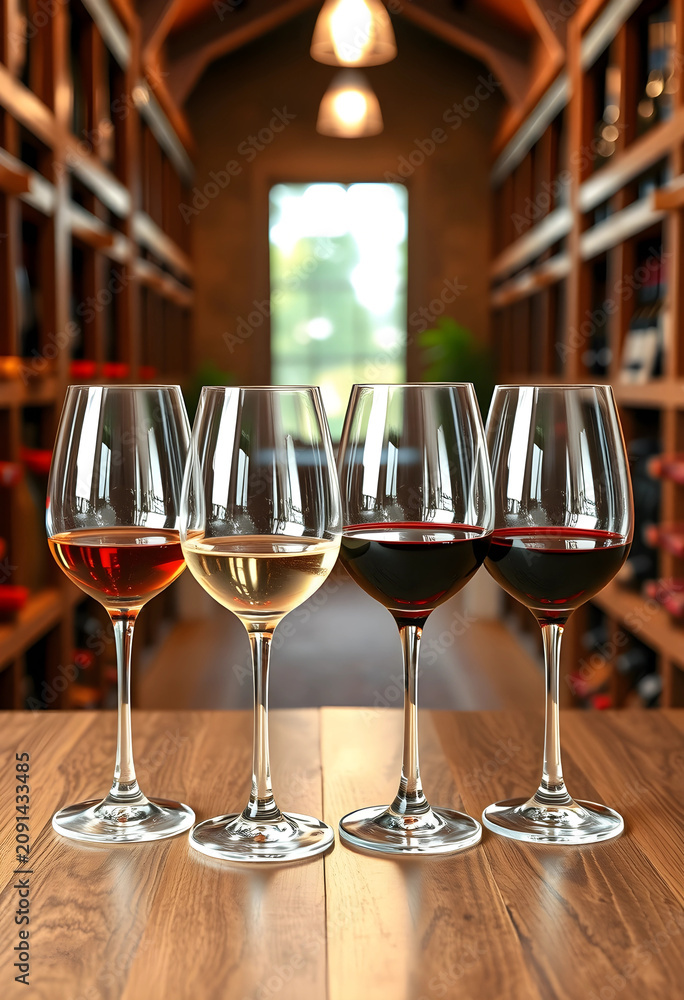 Obraz premium Four wine glasses with red and white wine in a cellar