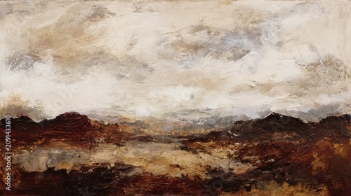 mesmerizing abstract textured landscape painting in neutral earthy tones with misty rugged peaks