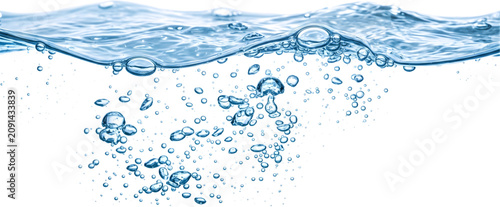 Fotografía Dynamic blue water flow with rising air bubbles in a clean liquid environment