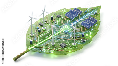 Conceptual 3D illustration of a green leaf transformed into a circuit board with miniature wind turbines and solar panels, sustainable renewable green energy concept, isolated on white background