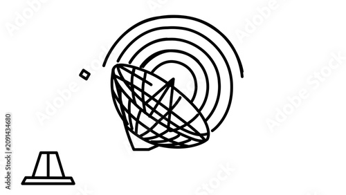 A clean flat vector line icon representing a satellite dish receiver, perfect for telecom dashboards, media platforms, and network tools.