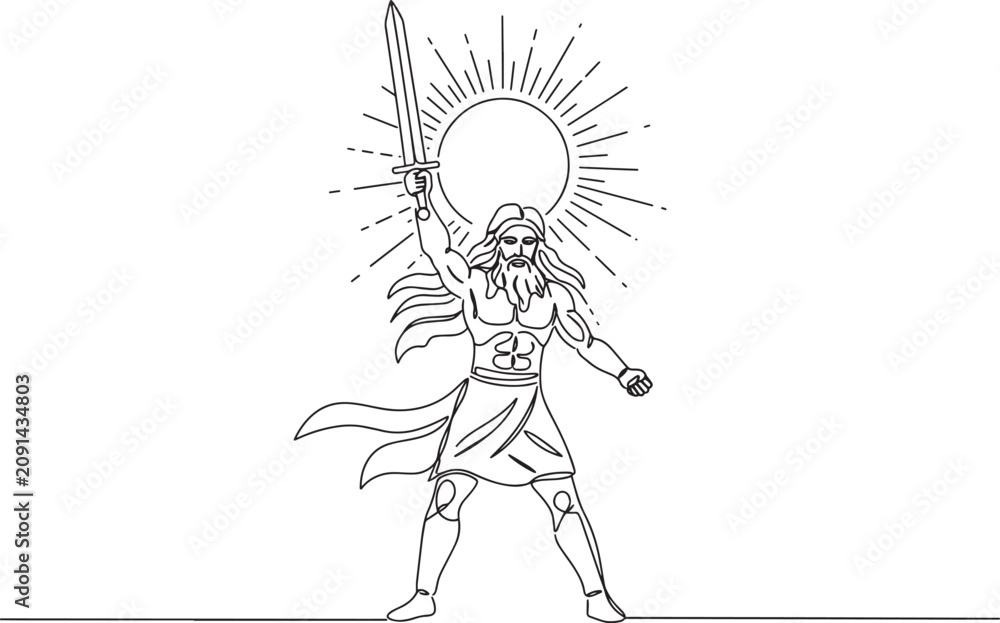Fototapeta premium Divine Warrior Ascends with Sword and Radiant Sun Symbolism.