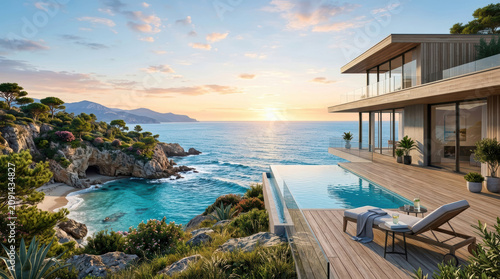 Villa moderna di lusso con piscina a sfioro affacciata sul mare al tramonto. Generative AI 