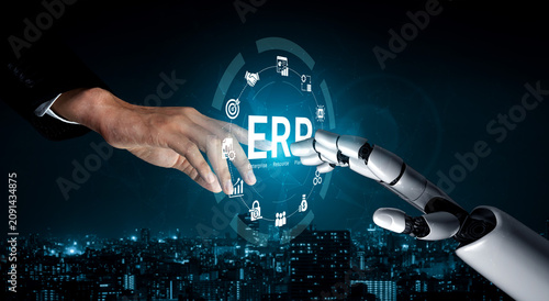 Cuadro en lienzo Interaction Between Human Hand and Robotic Hand Representing Future Technology and Digital Transformation in Business Environment