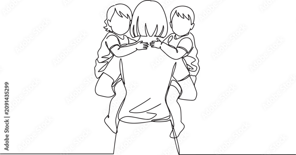 Fototapeta premium Mother carrying two children on her back, a heartwarming family moment.
