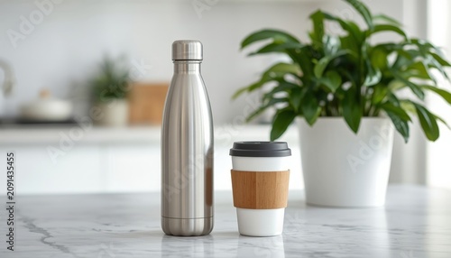 There is a stainless steel water bottle next to a coffee cup on a counter