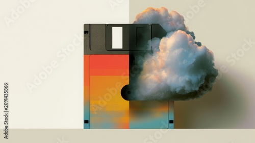 Floppy disk evolving into a vibrant cloud, representing the transformation from old digital information storage technology to modern cloud computing and internet data access