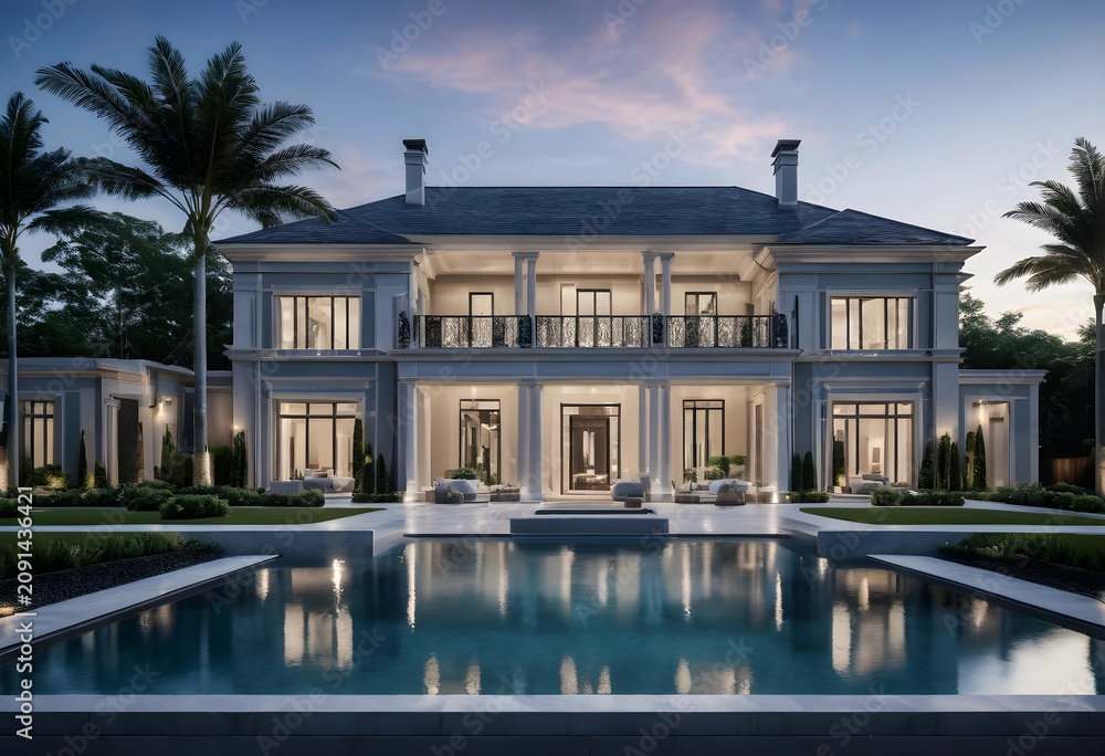 Obraz premium Luxury mansion exterior with pool at dusk