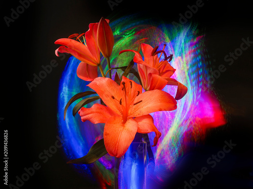 Vibrant orange lilies bloom against glowing, abstract neon background. Petals shine with warm tones. Background swirls in electric blue, green, and pink hues