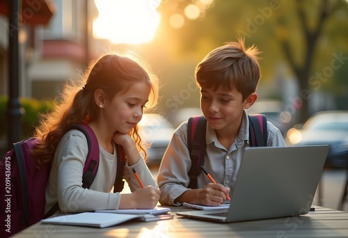 Two School Children Studying Together Outdoors with Laptop and Notebooks at Sunset