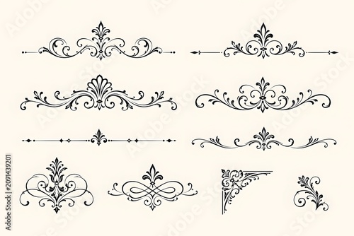 Black and White Floral Ornament Border Design with Swirls and Leaves