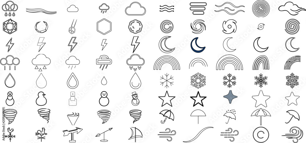Obraz premium 80 weather vector icon set bundle featuring clouds, fog, rain, snow, sun, moon, wind, storms, lightning, temperature, humidity, forecast symbols, and climate conditions.