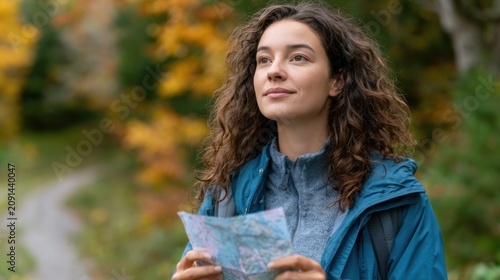 Young woman with curly hair holds a map while standing on a forest path surrounded by vibrant autumn foliage and colorful leaves in a natural outdoor setting