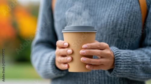 Person holding a steaming coffee cup in a disposable paper container, wearing a cozy gray sweater, with colorful autumn foliage in the background