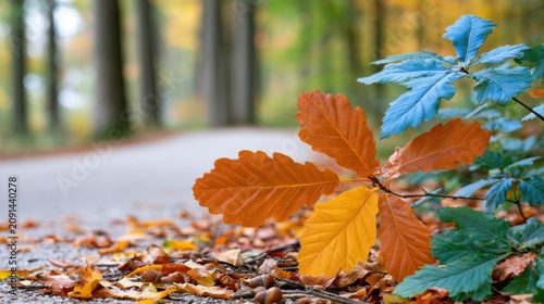 Autumn foliage featuring vibrant orange and green leaves on the ground beside a winding path in a forest with blurred trees in the background