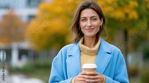 Young woman with brown hair wearing a blue coat and yellow sweater holds a coffee cup outdoors surrounded by autumn trees with vibrant yellow leaves in a city park