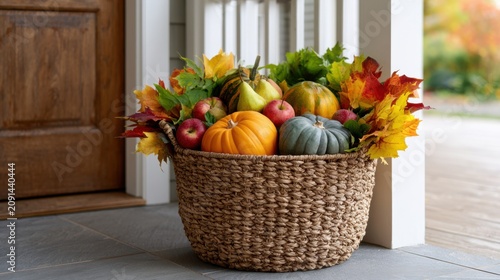 Basket filled with assorted pumpkins, apples, and colorful autumn leaves placed near a wooden door on a stone patio, showcasing fall harvest aesthetics
