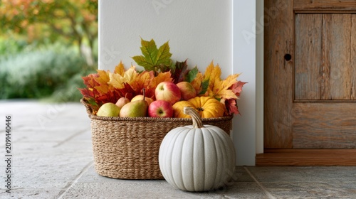 Woven basket filled with colorful autumn leaves, apples, and decorative pumpkins placed beside a wooden door in a cozy outdoor setting