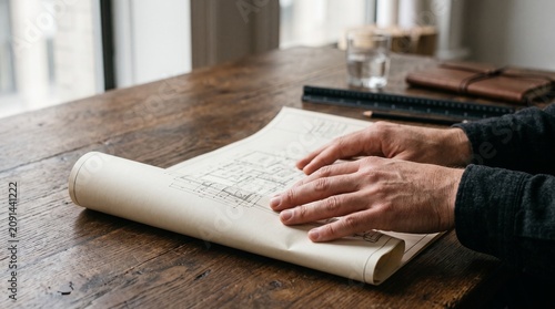 Close-up of architect's hands reviewing architectural blueprints on a wooden desk