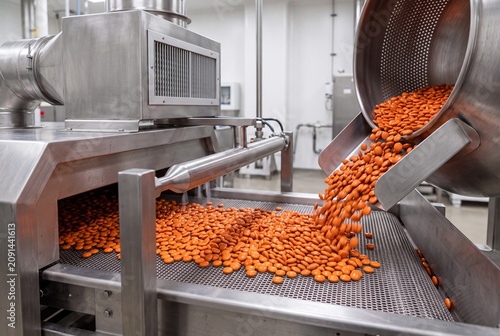 Orange coated candies spill from rotating stainless steel drum onto mesh conveyor inside bright modern food factory, showing automated handling, sorting, and manufacturing workflow in industrial