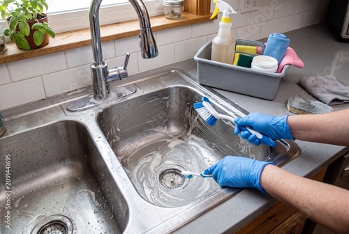Blue-gloved hands scrub stainless kitchen sink with brush and sponge beside soap, spray bottle, cloths, and cleaning caddy in bright home kitchen with window light and indoor plants