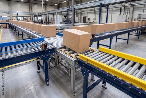 Rows of sealed cardboard boxes move through interconnected roller conveyors inside bright industrial warehouse, illustrating automated sorting, logistics handling, order fulfillment, and efficient