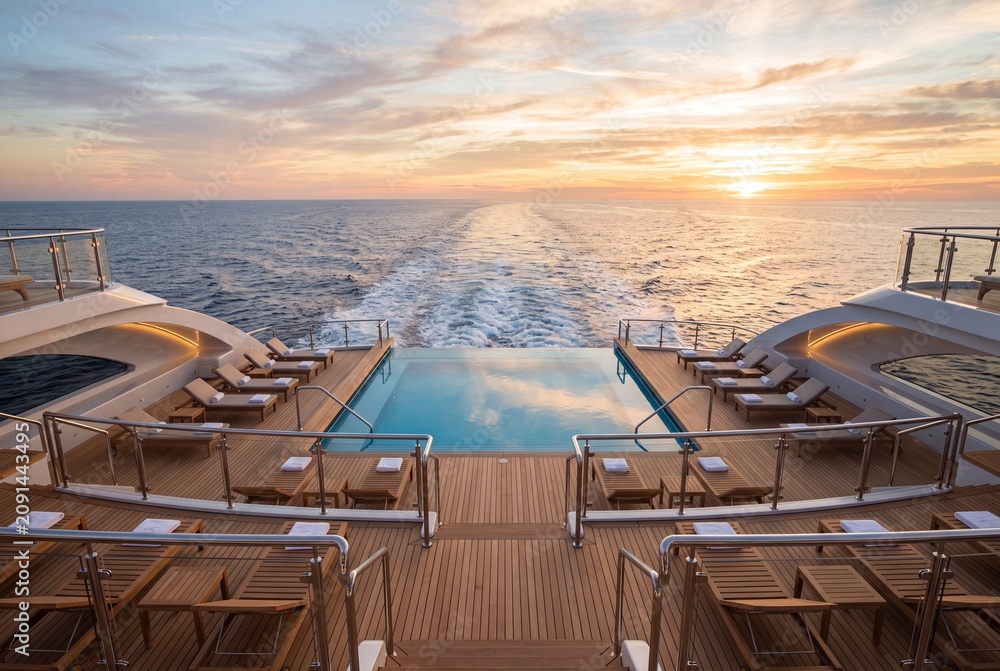 Fototapeta premium Elegant yacht deck with central infinity pool, teak flooring, sun loungers, and polished railings facing calm open water at sunset, creating relaxed luxury travel atmosphere with wide ocean view