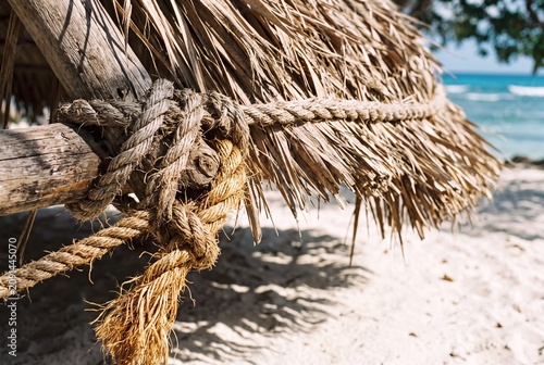 Close view of weathered rope binding dried palm fronds on rustic beach shelter, with bright sunlight, soft sand, turquoise water and blurred shoreline creating relaxed coastal travel backdrop