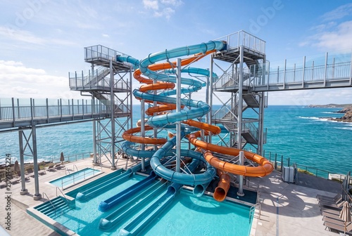 Bright blue and orange tube slides twist through metal towers above turquoise pools, with sea horizon, rocky coastline, open walkways, and sunny sky creating lively leisure setting for travel and