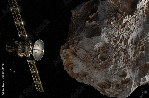 Quadro su tela Satellite in Space passing asteroid, 3d animation
