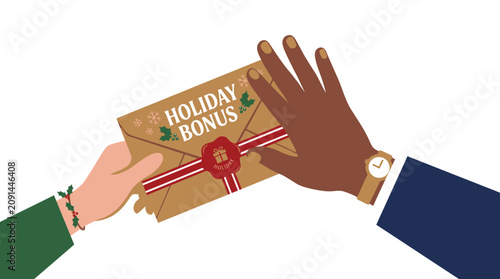 Foto Hands giving and receiving a holiday bonus envelope.