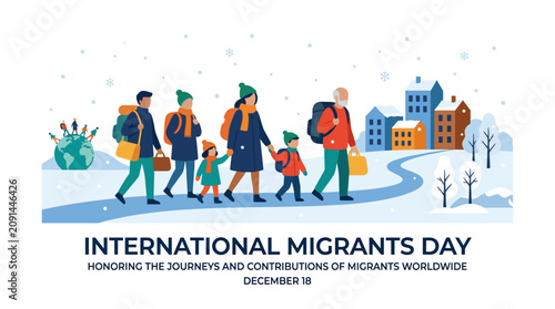 Foto International Migrants Day illustration with refugees traveling through snow