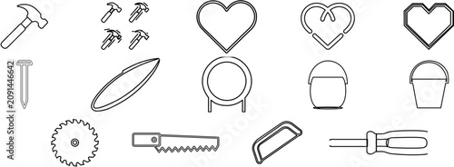 14 tools and construction vector icon set bundle with hammer, nails, paint bucket, heart mark, carpentry, renovation, DIY building, home improvement and workshop symbols