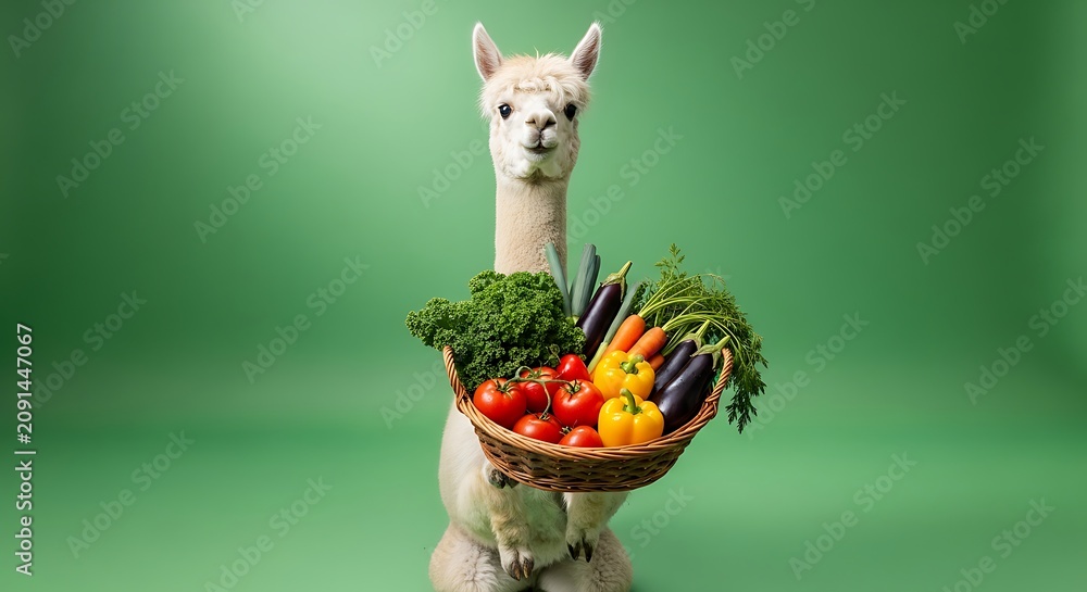 Fototapeta premium Funny White Llama Holding a Wicker Basket Full of Fresh Organic Vegetables, Healthy Eating and Sustainable Farming Concept on Green Background